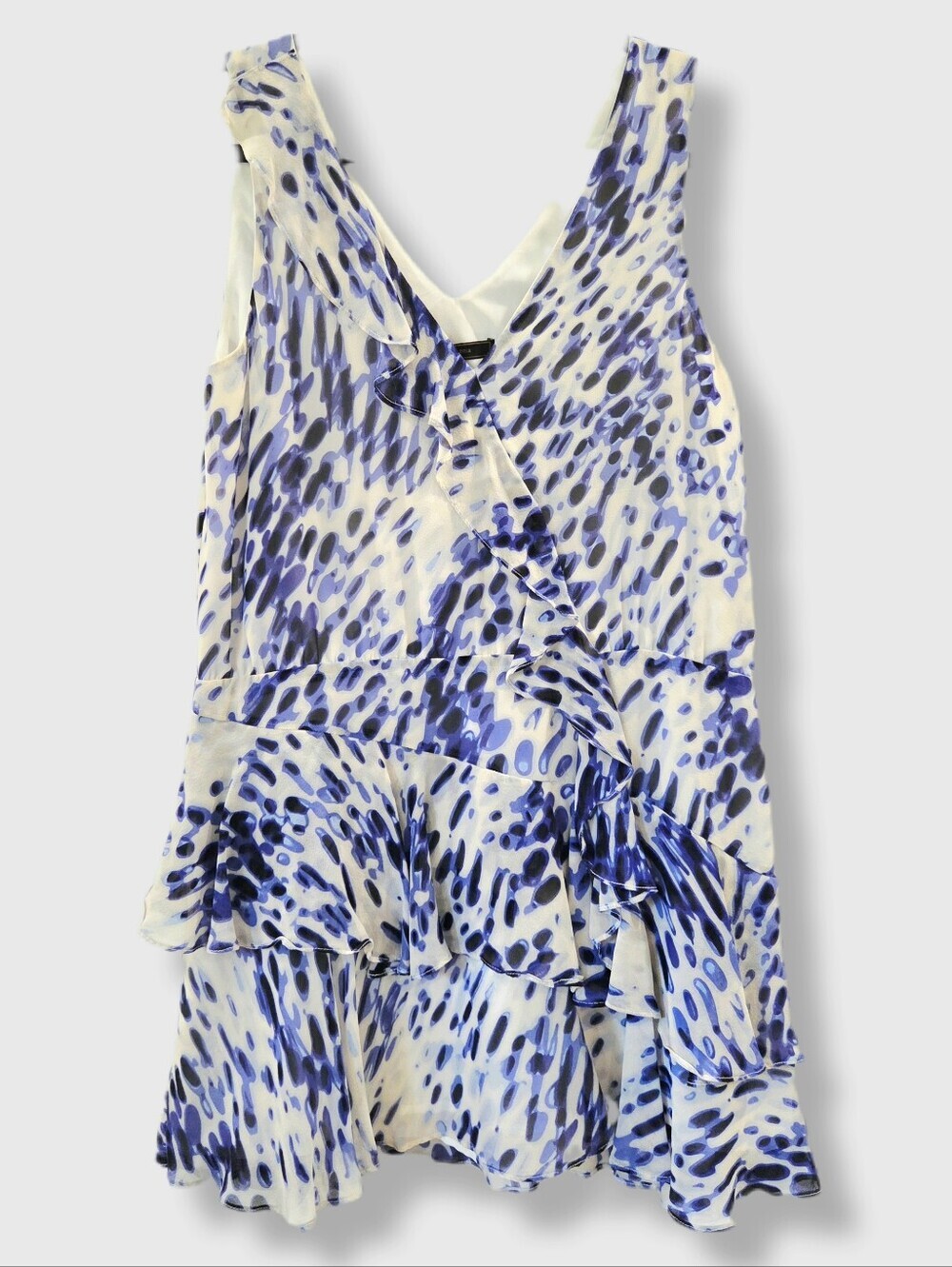 BCBGMAXAZRIA Silk Abstract Print Ruffle Tiered Dress Bone White & Blue Smal